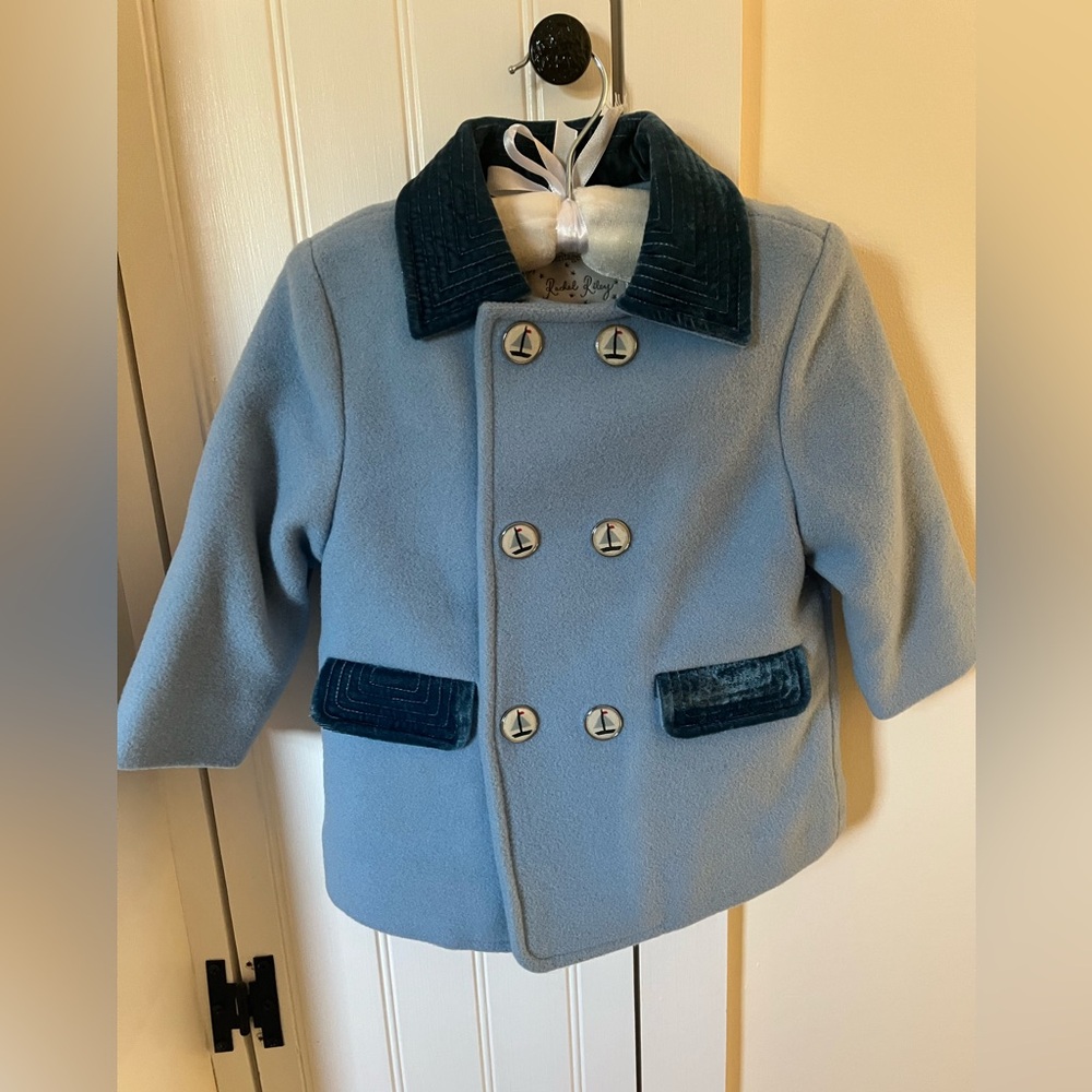 Rachel Riley boys powder blue coat with sailboat buttons